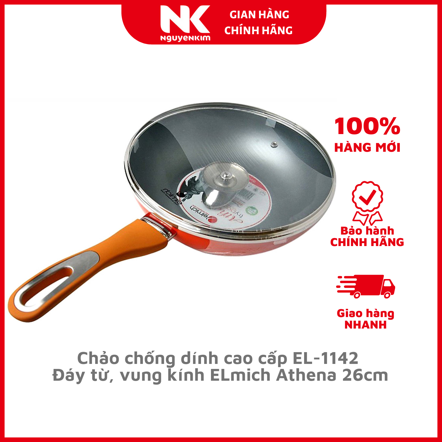 Chảo chống dính cao cấp EL-1142 có đáy từ, vung kính ELmich Athena 26cm - Hàng Elmich Chính Hãng