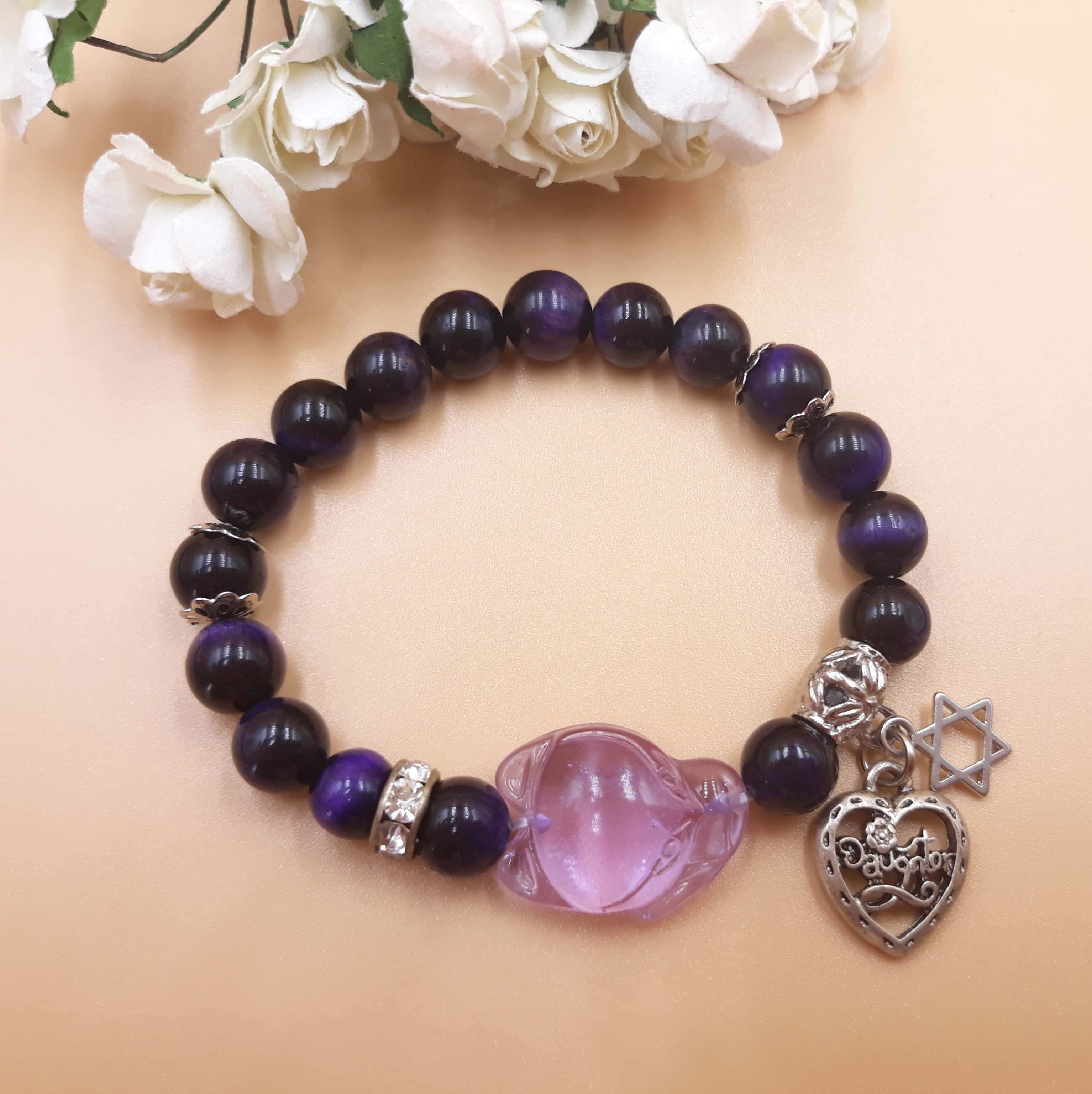 Vòng Tay Hồ Ly Baby Topaz Tím Phối Thạch Anh Tím Mix Charm