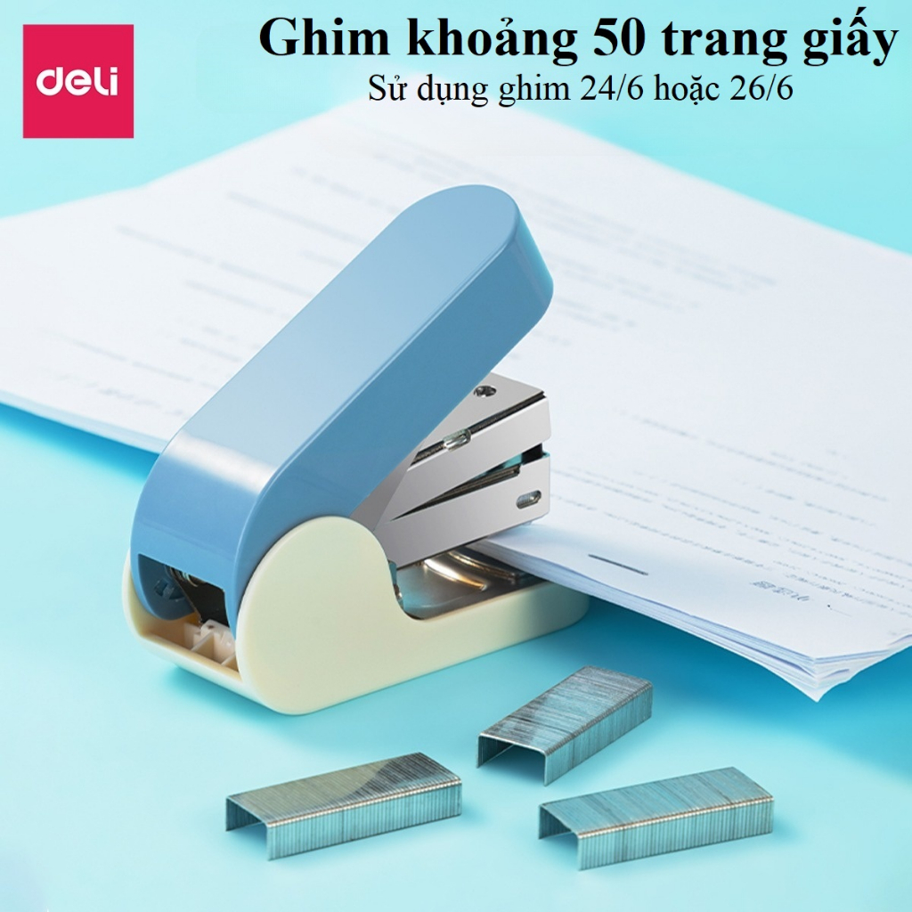 Dập ghim trợ lực mini Deli,  giảm 70% lực, không tốn sức, nhỏ gọn, kim bấm số 12 tiện lợi