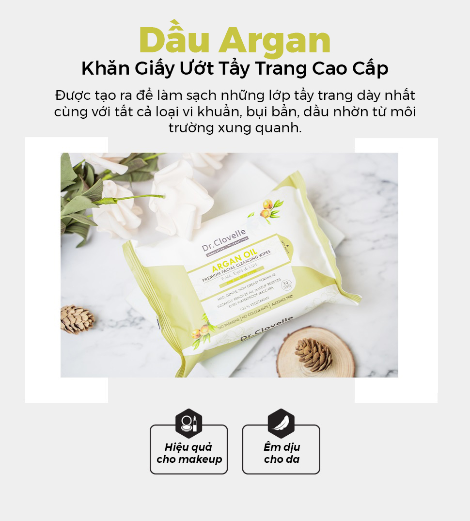 Khăn giấy ướt Anh Quốc cao cấp Dr Clovelle cấp ẩm tức thì cho da, không bã nhờn, tẩy trang hiệu quả, hương dầu Argan thơm mát