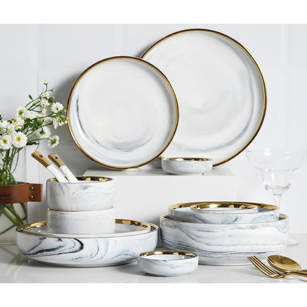 Set bát đĩa 26 món. bộ bát đĩa 26 món màu ghi vân đá. viền vàng sang trọng