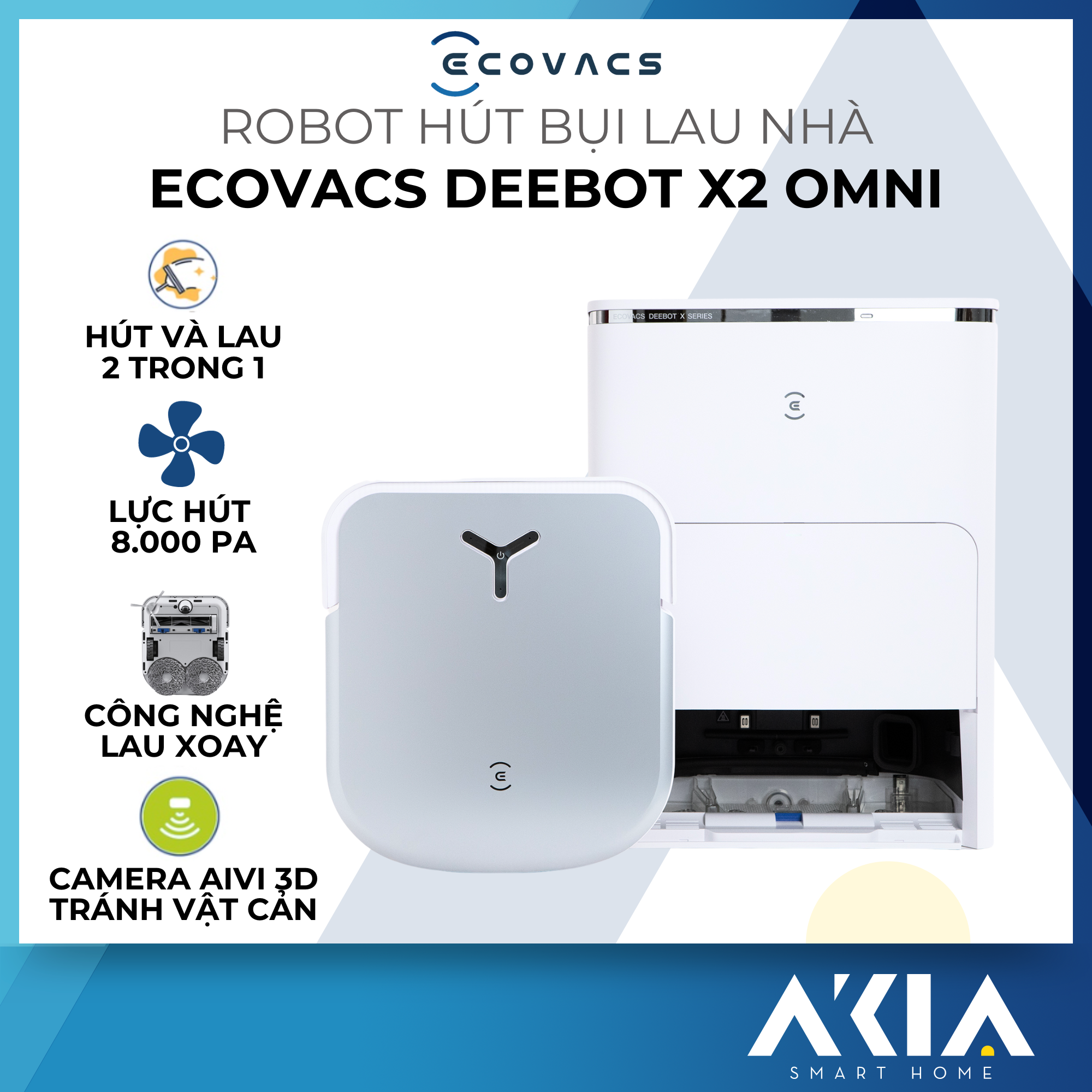 Robot hút bụi lau nhà Ecovacs Deebot X2 Omni - Thiết kế độc đáo, Lực hút 8000Pa, Dung lượng pin 6400mAh, Chổi xoay, Tránh vật cản - Hàng chính hãng