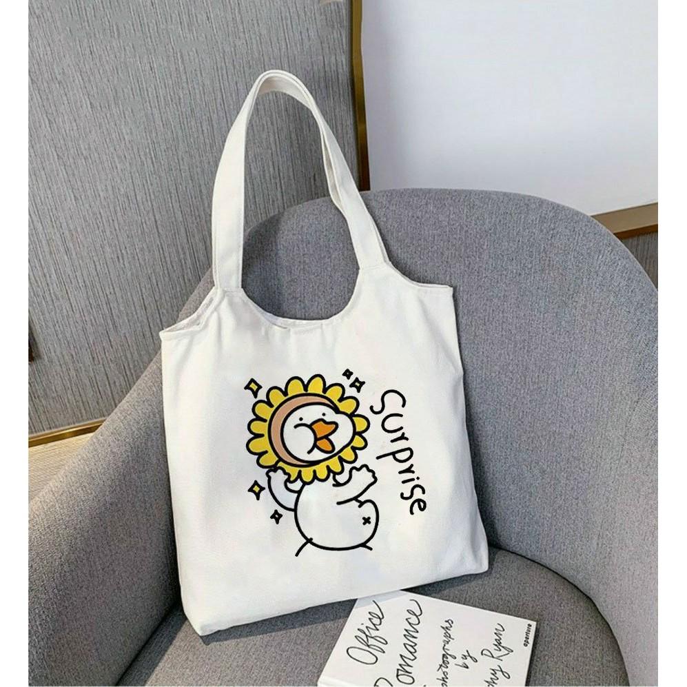 Túi tote canvas đeo ngang vai chú vịt vui vẻ mỏ vàng ,vịt thú dễ thương