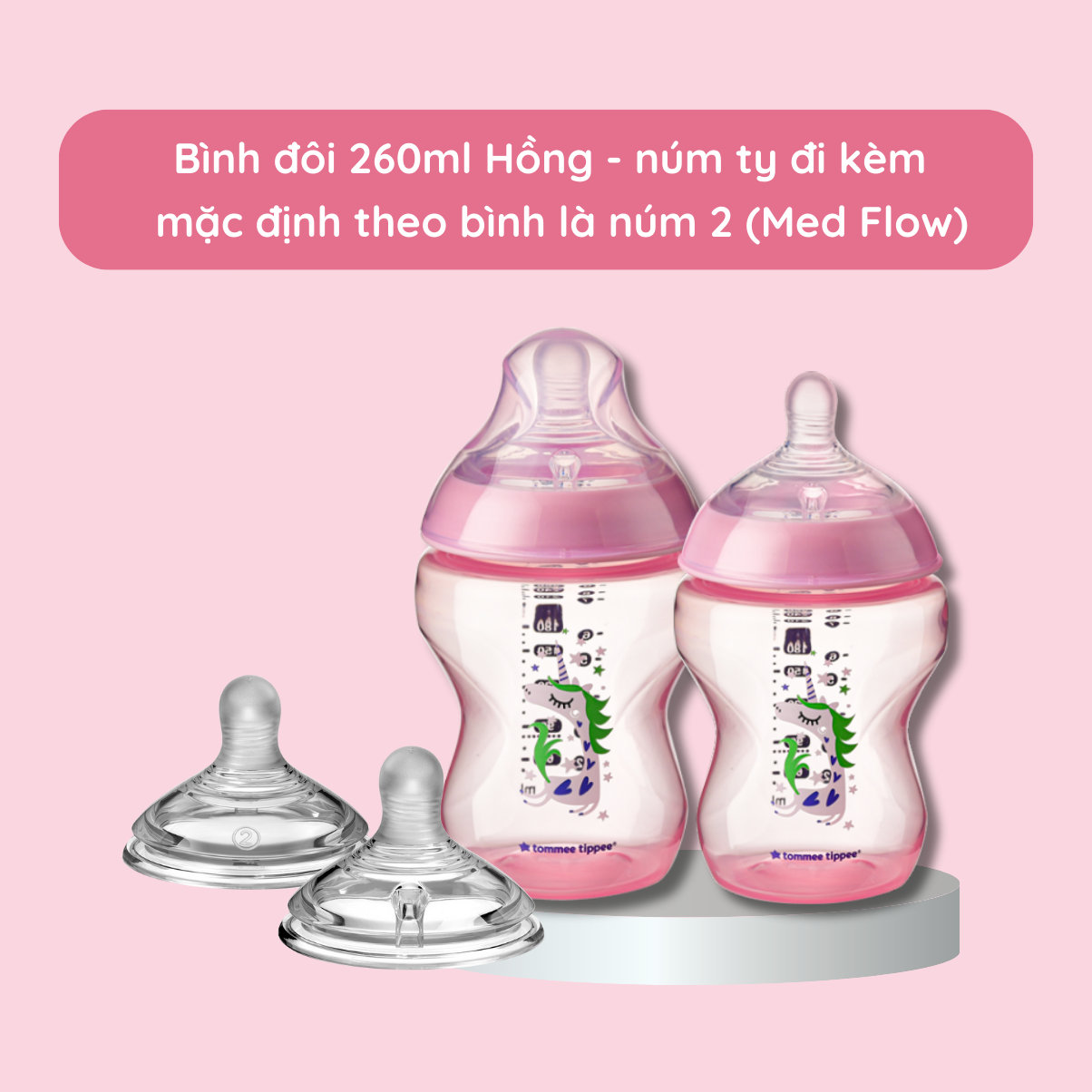 Bình Sữa Ty Siêu Mềm Tự Nhiên Tommee Tippee Closer To Nature 260ml, Núm Ty Của Bình 3-6 tháng - Hồng (Bình Đôi)