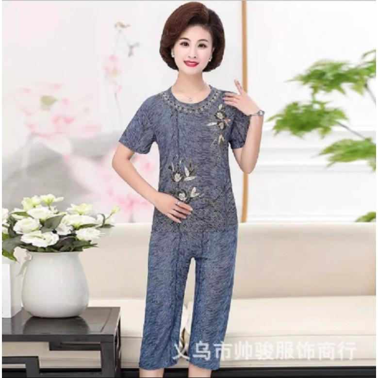 Bộ trung niên nữ mặc nhà thêu hoa chất liệu mềm mịn thoáng mát