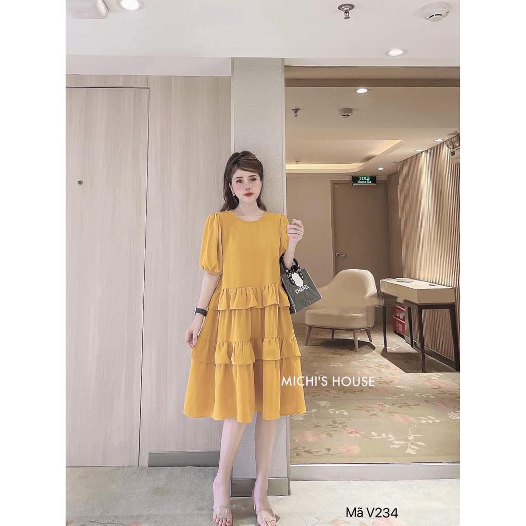 Váy suông bèo tầng dáng babydoll, đầm xuông rộng freesize, tay phồng 3 màu vàng, hồng, đen mã V234 - Michi's House