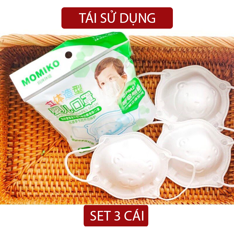 Gói 3 khẩu trang cho bé - khẩu trang gấu sơ sinh 0-2 tuổi (có nút chỉnh dây