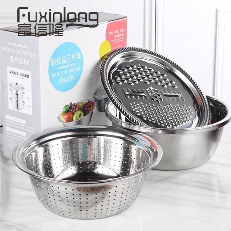 Bào rau củ đa năng inox, bộ dụng cụ nạo rau củ quả đa năng 3 trong 1, vừa nạo rau củ vừa có rổ vo gạo, kiêm chậu inox