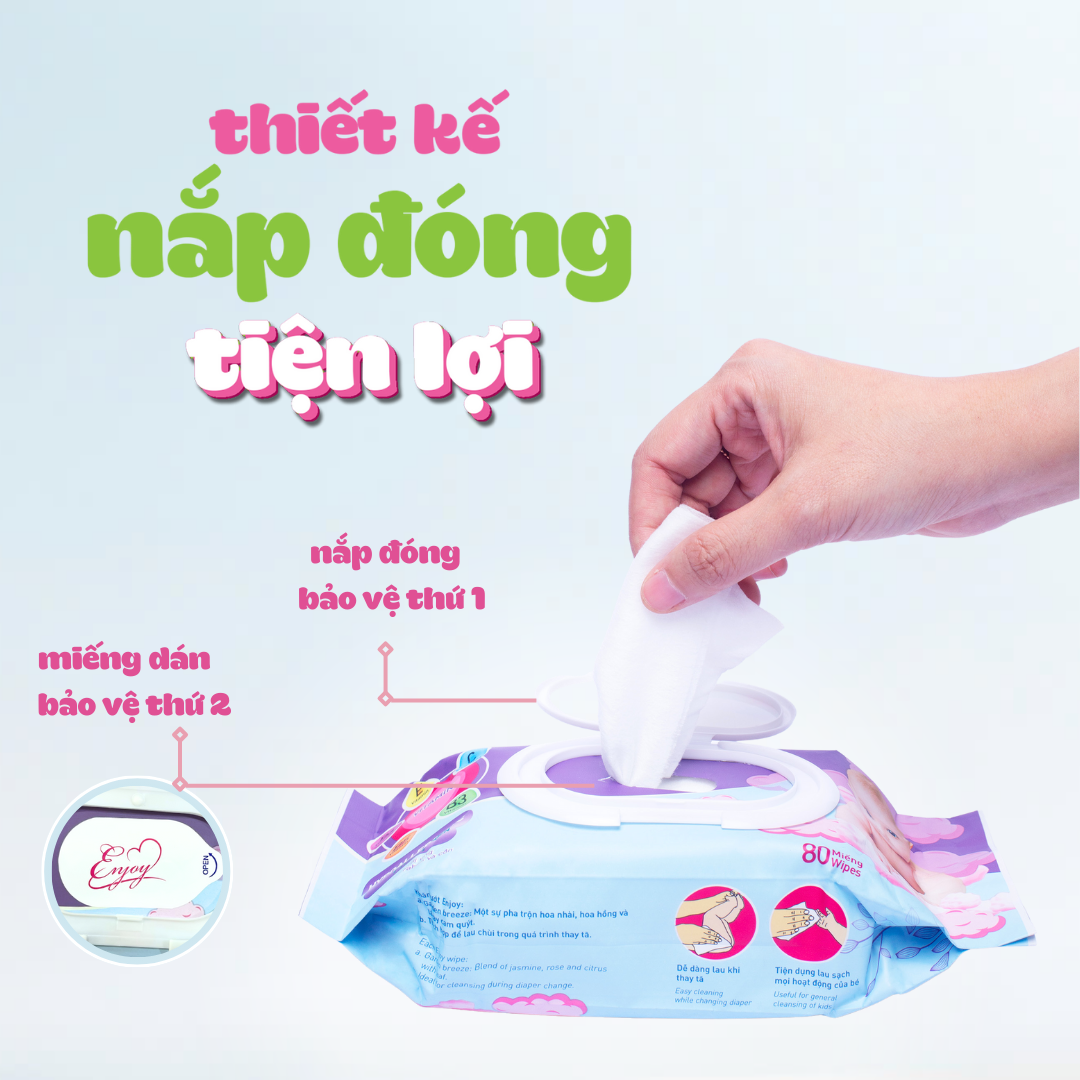 COMBO 5 Khăn ướt baby ENJOY mềm mại, dưỡng ẩm, tiện dụng, đạt chuẩn sức khỏe SGS - Gói 20/50/80 tờ