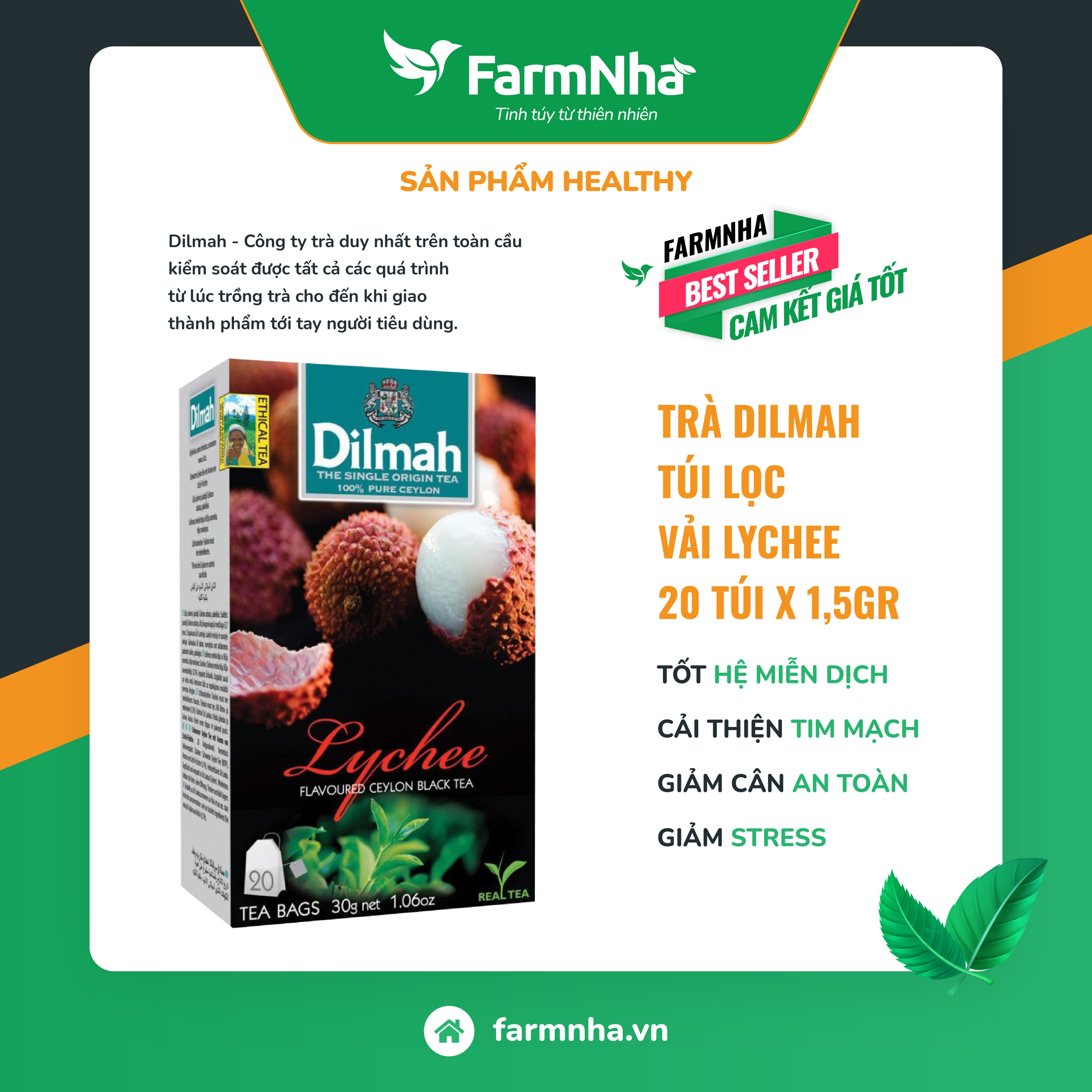 Trà Dilmah Lychee túi lọc 30g 20 túi x 1.5g - Tinh hoa trà Sri Lanka