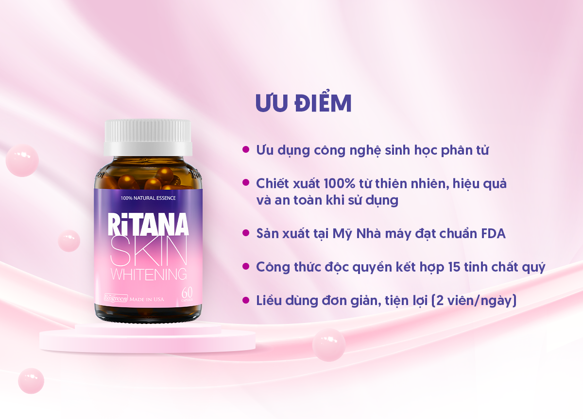 Viên uống RITANA trắng da mờ sạm nám với L-Glutathion, Sakura, Pomegranate, P.Leucotomos, collagen (60 viên)