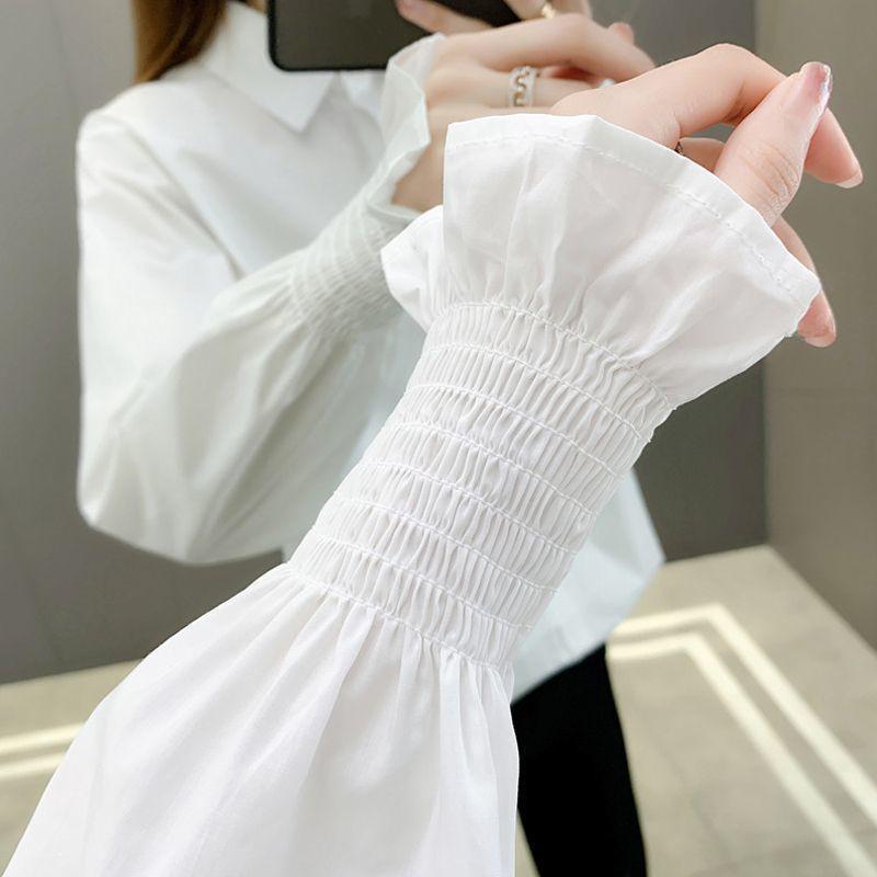 Áo Sơ Mi Nữ From Rộng Kiểu Công Sở Dài Tay Phồng Bo Chun Dáng Dài Hàn Quốc Vải Lụa Màu Trắng Cổ Đức Vintage MOLA