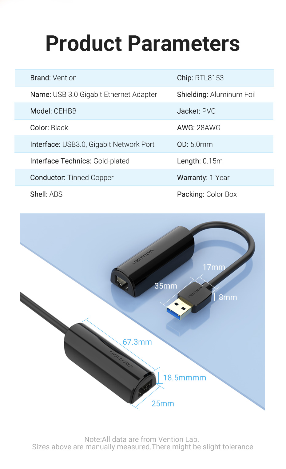 Cáp chuyển đổi USB 3.0 to RJ45 Gigabit Vention Hàng chính hãng - CEHBB
