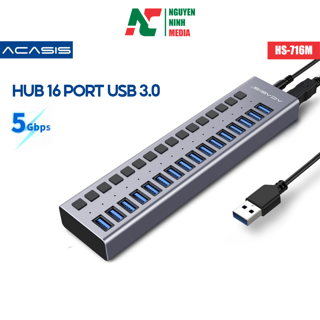 Bộ Chia USB 3.0 16 Cổng ACASIS HS-716MG - Nguồn 12V 7.5A - HUB USB 16 Port 90W - Hàng Chính Hãng