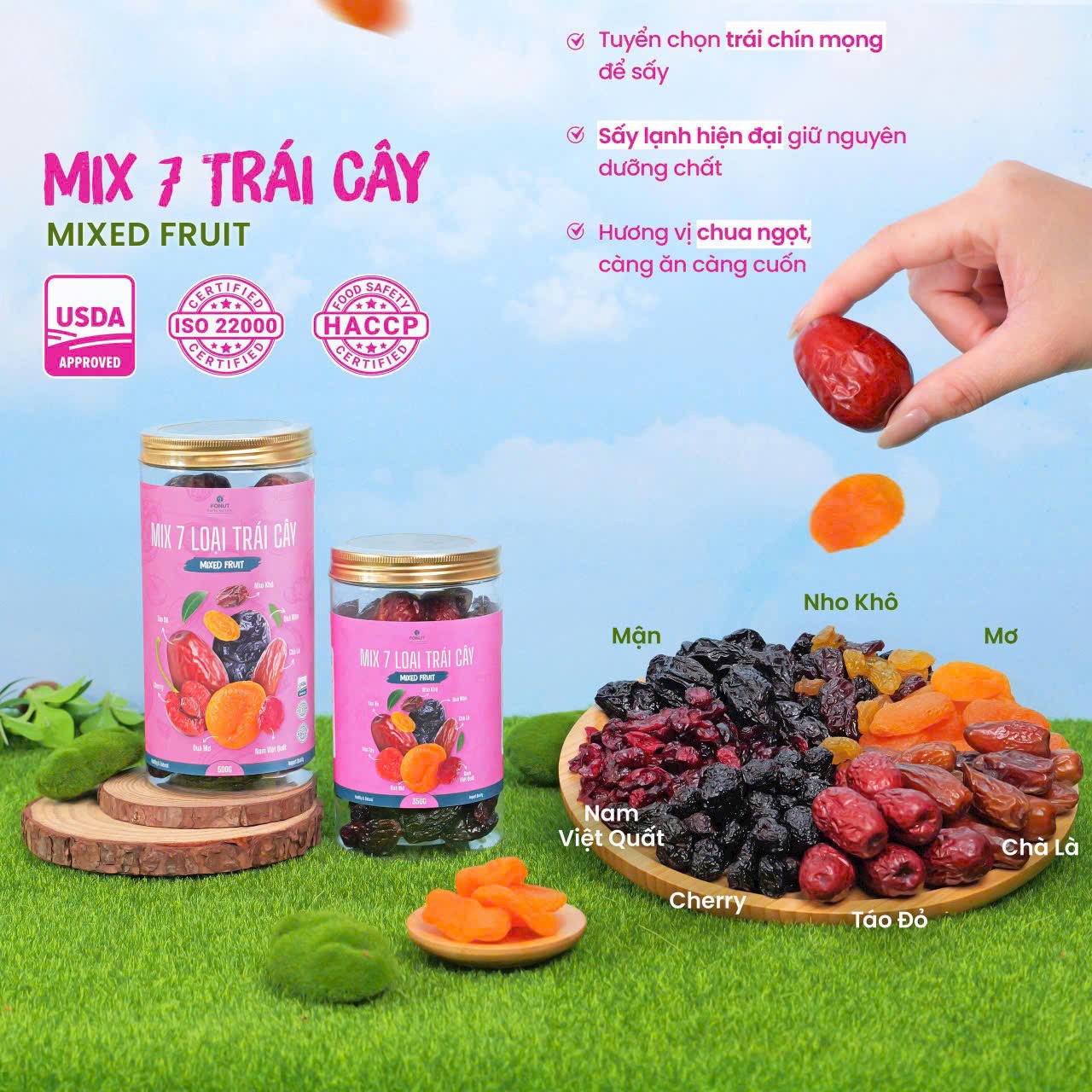 Mix 7 Loại Trái Cây Sấy  Táo đỏ, Chà là nguyên cành, Nho khô, Dâu Tây, Nam Việt Quất, Mơ sấy, Mận khô  - hộp 500gr