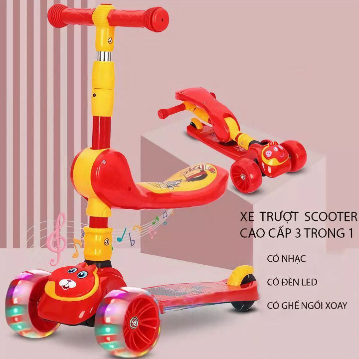 Xe trượt Scooter 2 tầng có nhạc đèn, ghế ngồi, bánh 5cm phát sáng, gấp gọn chỉnh độ cao an toàn cho bé - Hàng chính hãng