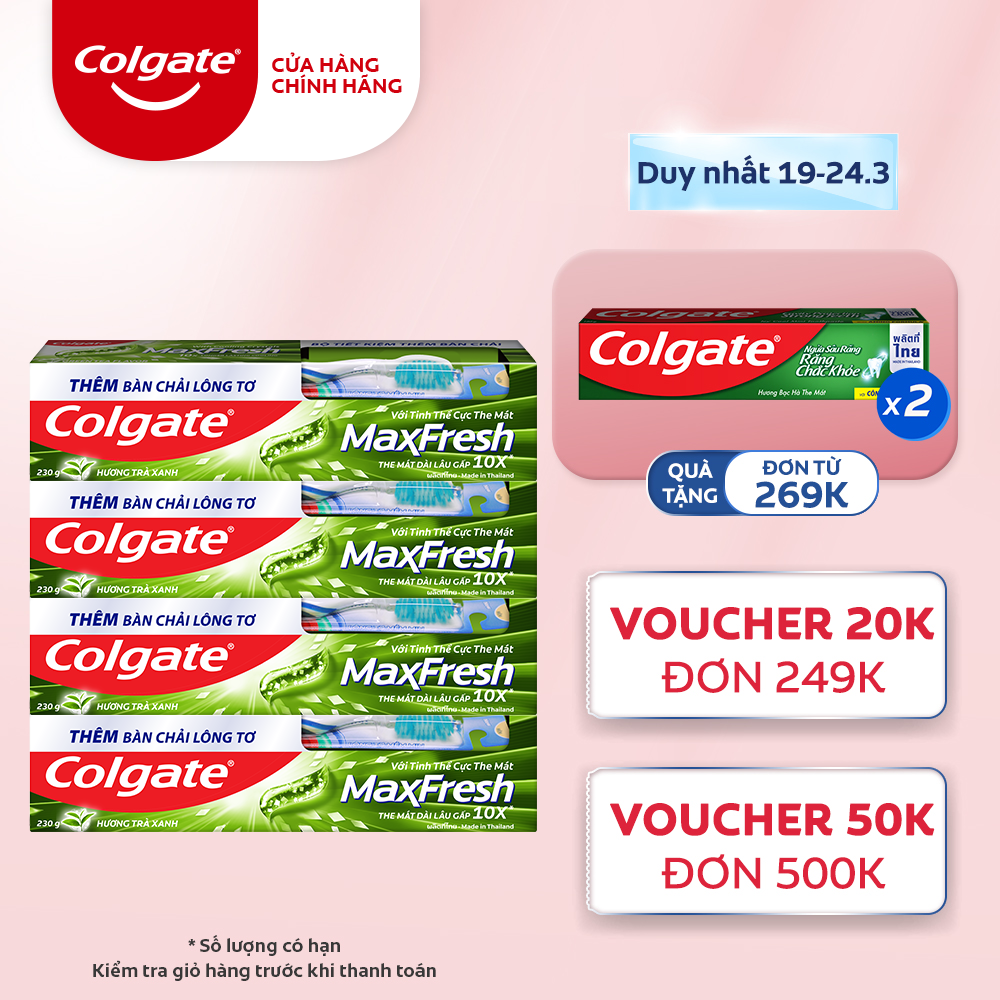 Bộ 4 Kem đánh răng Colgate the mát thổi bùng sảng khoái Maxfresh 230g tặng bàn chải đánh răng lông tơ