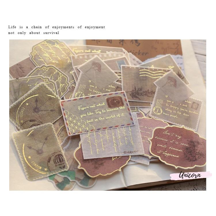 Set 40 sticker phong cách vintage - hình con tem bronzing sticker
