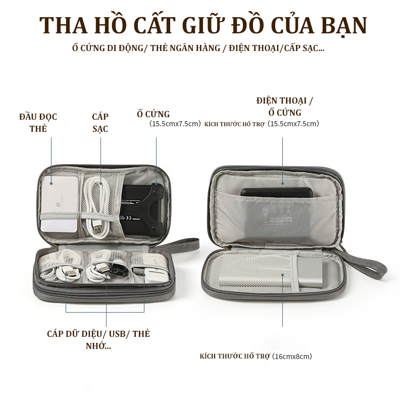Túi Du Lịch - Túi Đựng Phụ Kiện Công Nghệ,Thẻ Nhớ, Ổ Cứng, Pin Sạc Dự Phòng, Điện Thoại, Cáp Sạc USB, Tai Nghe, Túi Đựng Nhỏ Gọn Có Quai Xách