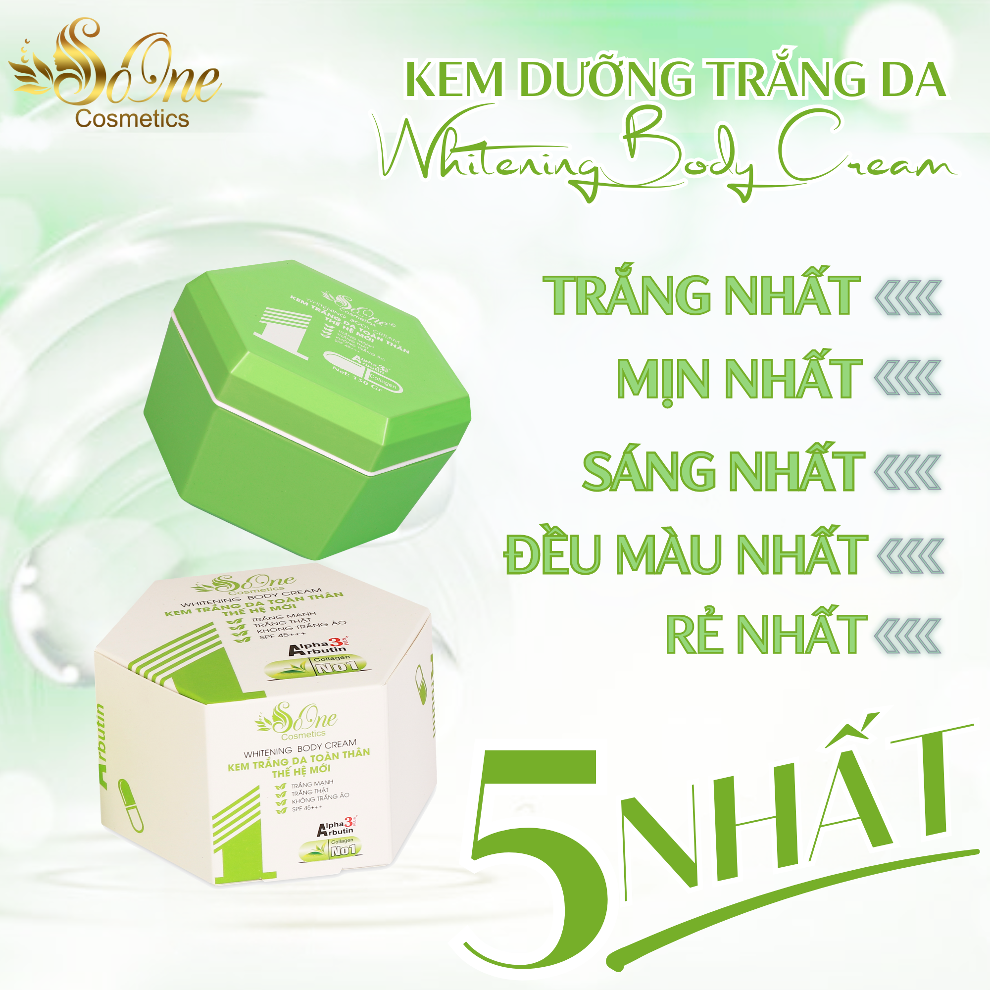 Kem Body SoOne Dưỡng Trắng Da Toàn Thân Thế Hệ Mới Hộp Màu Xanh Lá 150ml