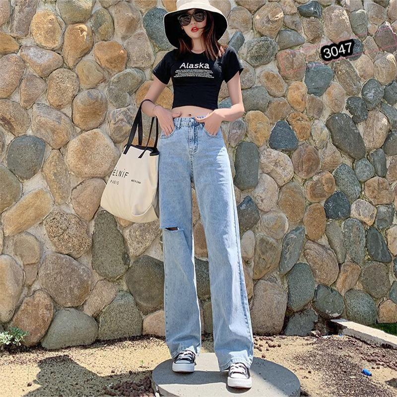 QUẦN JEAN DÀI ỐNG RỘNG LƯNG CAO RÁCH - QUẦN BÒ NỮ CULOTTES SUÔNG N - T 36