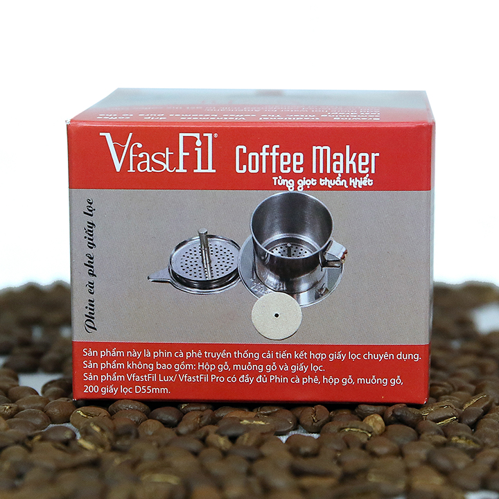 Phin cafe inox VfastFil và 1 túi giấy lọc cafe, thành phần của bộ kit cafe phin VfastFil, phin cafe cải tiến + 1 túi giấy lọc cafe, 100 tờ/túi, giấy lọc cafe được làm bằng bột gỗ tự nhiên màu nâu không tẩy trắng và tái sử dụng được