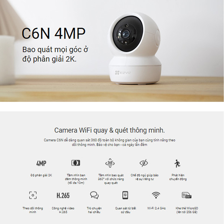 Camera IP WiFi quay quét Ezviz C6N bản 4MP H265 hàng chính hãng