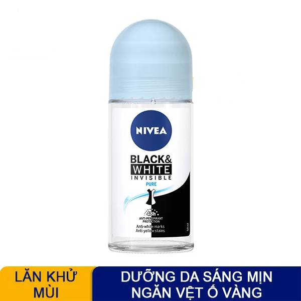 Lăn Khử Mùi Dưỡng Da Sáng Mịn, Ngăn Vệt Ố Vàng Nivea Black &amp; White Pure Anti-Perspirant 50ml