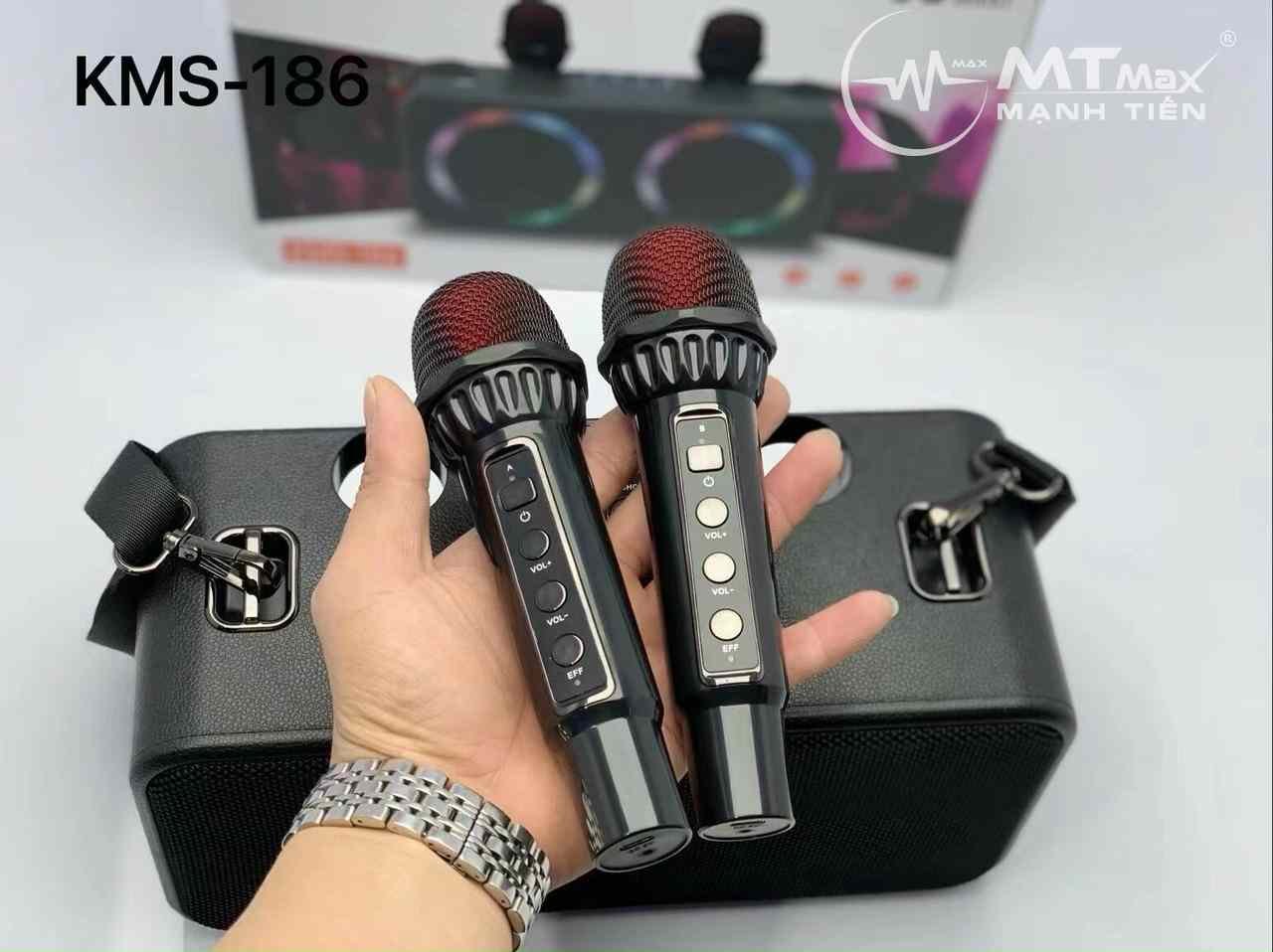 Loa karaoke mini KMS 186 bluetooth kèm 2 micro có chức năng reverb - công suất 20w bass căng, hát karaoke với âm thanh cực hay và ngọt kết nốt bluetooth, USB, thẻ nhớ TF, AUX 3.5mm