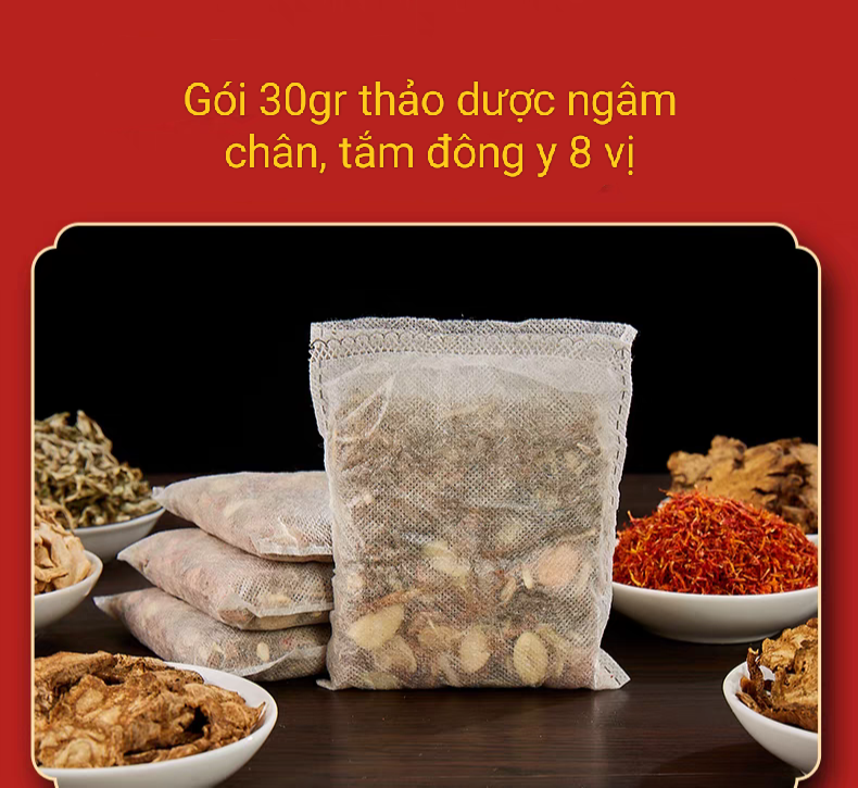 Túi 30 Gói/30g thảo dược ngâm chân đông y dạng túi lọc 8 vị dược liệu.Giúp lưu thông khí huyết, giảm tê chân tay, ngủ ngon