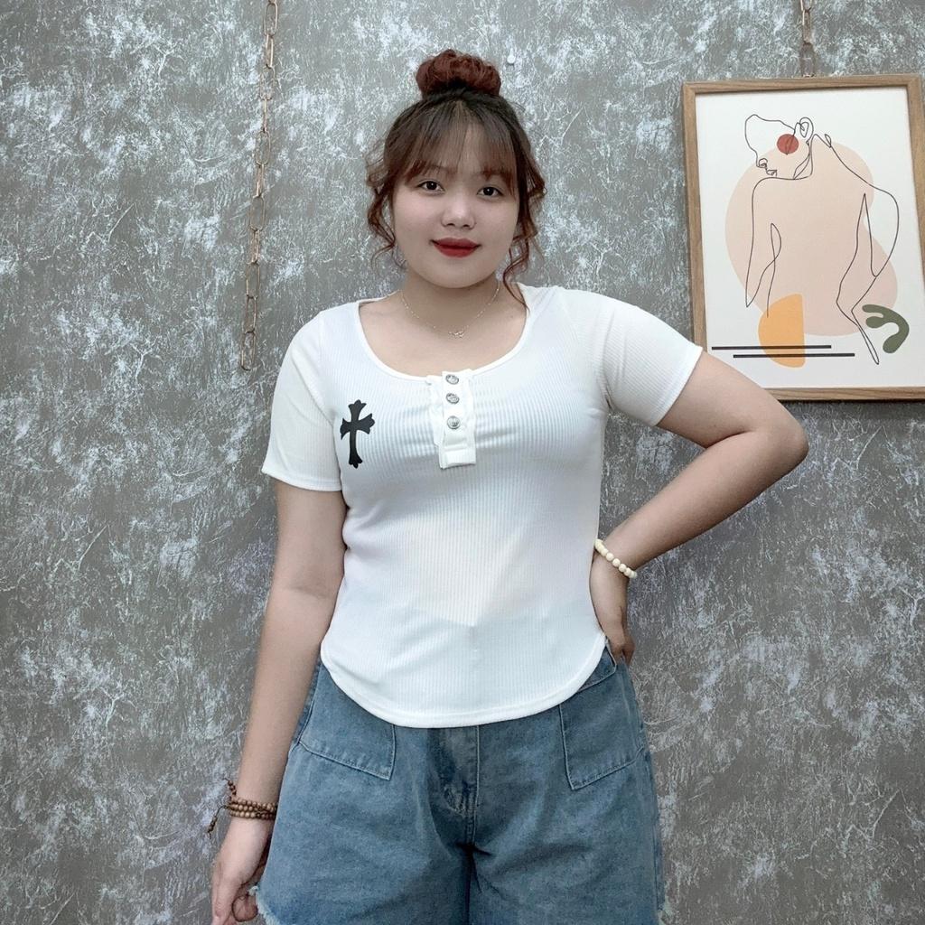 Áo croptop bigsize nữ tay ngắn trụ cổ may cách điệu bèo, Áo thun bigsize ngoại cỡ form rộng 58-95kg- G112