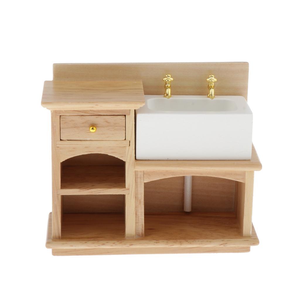 2PCS 1/12 Scale Dolls House Wood Wash Basin Cabinet Bathroom Decoration Accessory