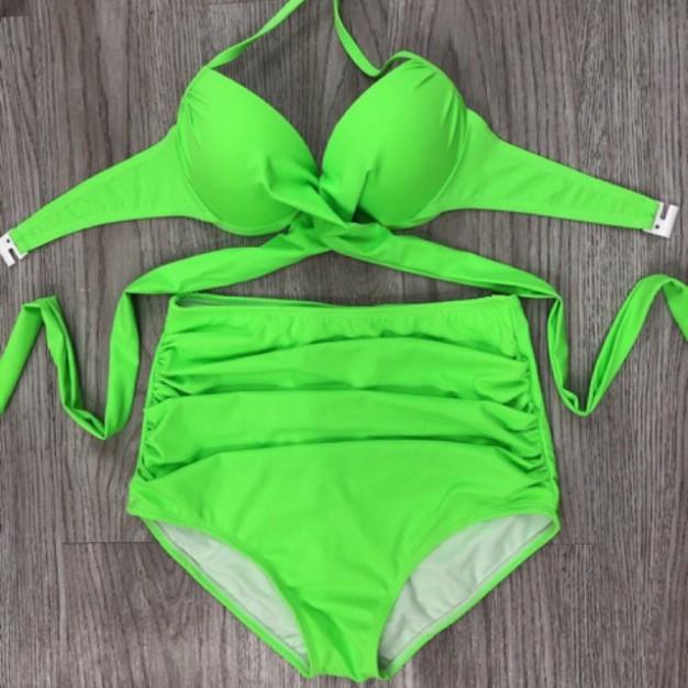 freeship Đồ bơi áo tắm Bikini 2 mảnh xanh nõn chuối có gọng quần cạp cao mặc đi biển đi bơi đẹp