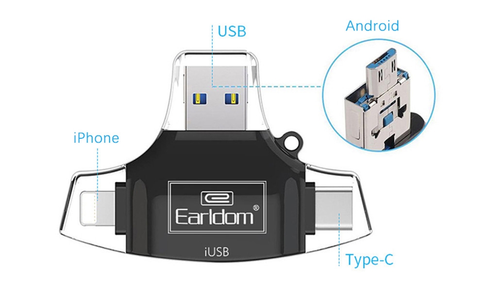 Đầu đọc thẻ 4 trong 1 (Lightning, Type-C, Android, USB) cho thẻ MicroSD và SD Earldom ET-OT31 - Hàng nhập khẩu