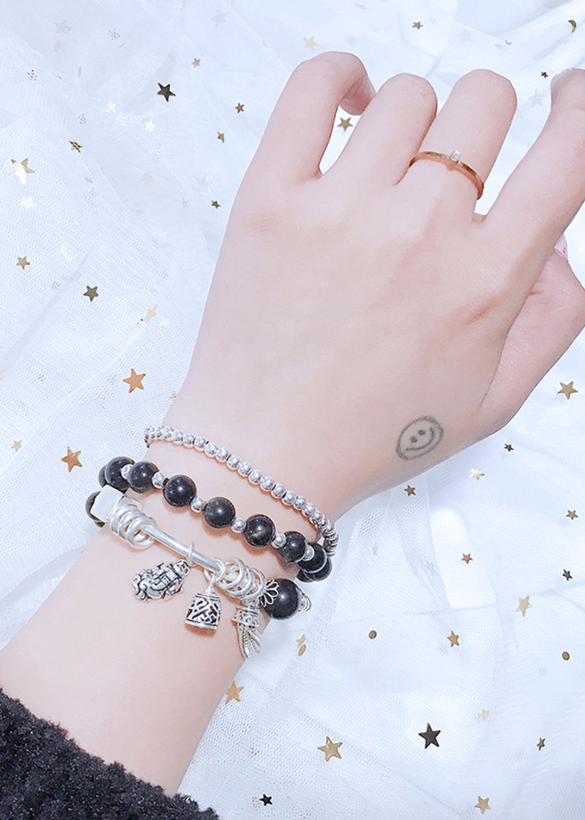 Vòng 3 line đá thạch anh tóc đen phối tỳ hưu mệnh thủy, mộc - Ngọc Quý Gemstones