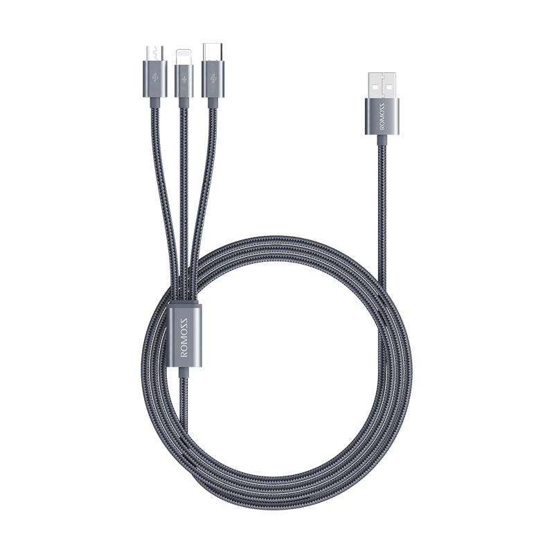 Cáp sạc nhanh Romoss CB25A 3in1 USB to Lightning / Type C / Micro USB dài 1.5m - Hàng Chính Hãng
