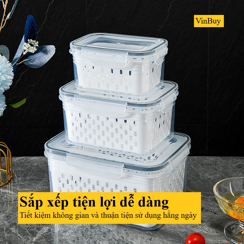 Hình ảnh Hộp Nhựa Đựng Thực Phẩm, Hộp Bảo Quản Thực Phẩm Tủ Lạnh VinBuy 2 Lớp Có Khay Giúp Ráo Nước, Bảo Quản Tiện Lợi, Nắp Chống Rò Rỉ Nước