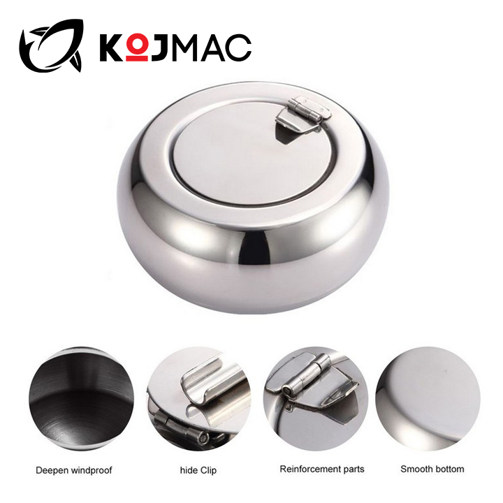 Gạt Tàn Thuốc Có Nắp Bằng Thép Không Gỉ KOJMAC Ashtray NTA045 - Hàng Nhập Khẩu ( Cao Cấp 2 Size Nhỏ mini &amp; Lớn, Kim Loại Mạ Inox Sáng Siêu Bền, Gạc Tàng Lá Khi Hút An Toàn Đậy Kín Mùi Giá Rẻ, Để Bàn Phòng Khách Sang Trọng )