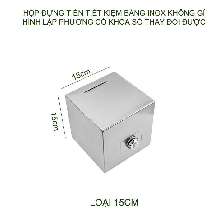 Hộp để tiền tiết kiệm trang bị khóa số thay đổi được, làm bằng inox 201, hình lập phương với nhiều kích cỡ tùy chọn