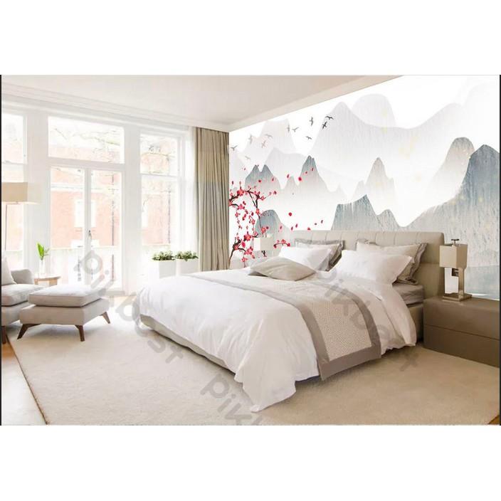 Tranh dán tường Hoa anh đào rơi trên dòng sông thơ mộng, Tranh 3d dán tường hiện đại MS622091