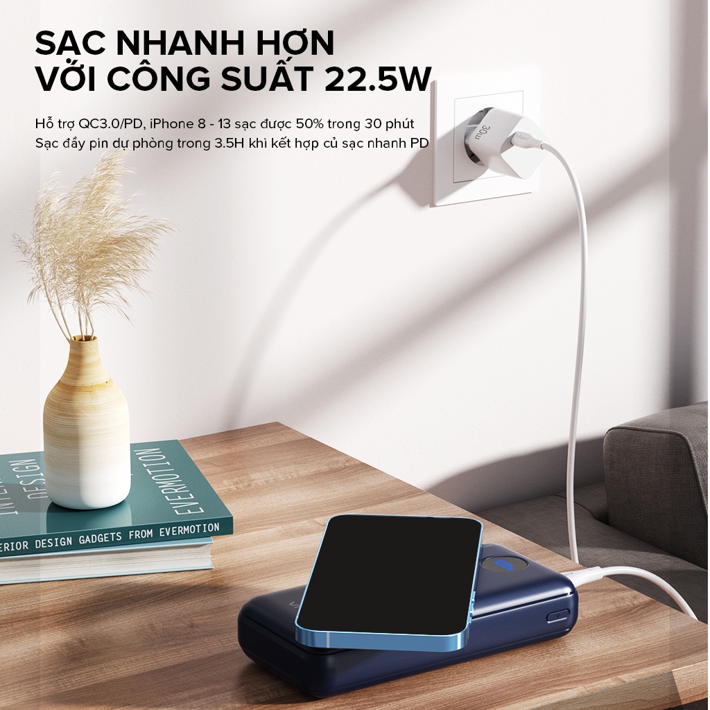 Pin Dự Phòng Sạc Không Dây VIVAN VPB-W20 20.000mAh Hỗ trợ Sạc Nhanh 22. Chuẩn QC 3.0 PD - Hàng Chính Hãng