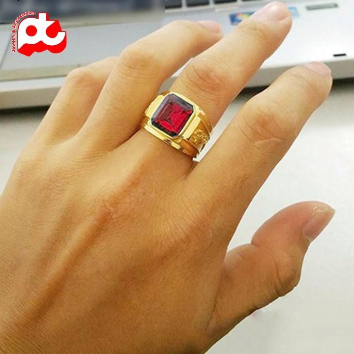 Nhẫn nam titan cao cấp kiểu chạm rồng 2 bên trangsucpt đá đỏ nhẫn màu mạ vàng thép không gỉ PTNNA255 - SIZE 10