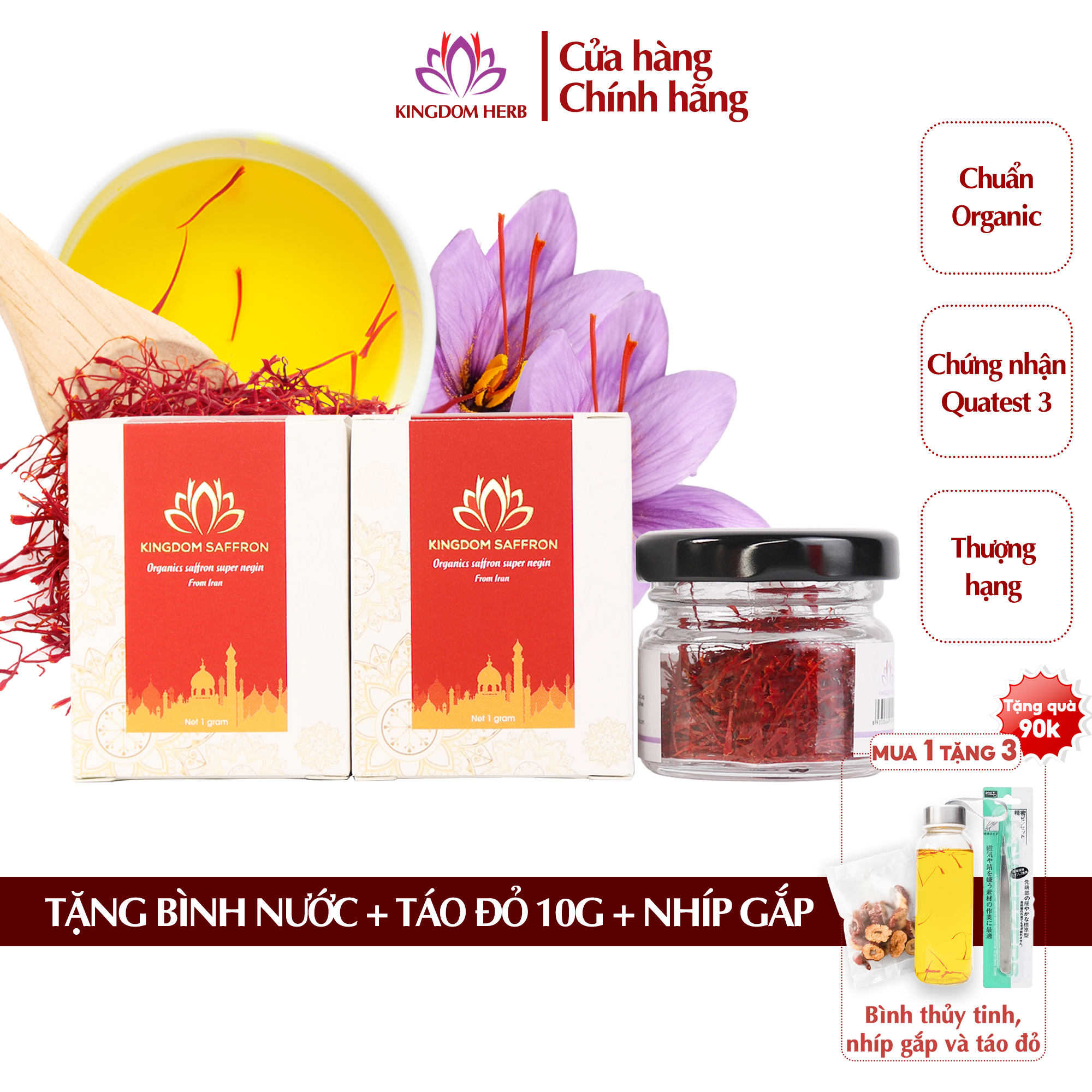 Combo 2 Hộp Hộp1Gr Saffron Kingdom Herb, Nhụy Hoa Nghệ Tây Iran Chính Hãng Super Negin Thượng Hạng Tặng Táo Đỏ Tân Cương 10G, Bình Thủy Tinh Và Nhíp Gắp Saffron