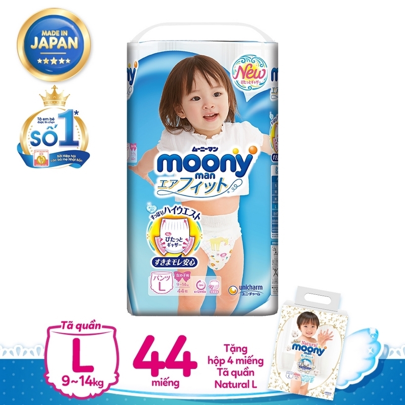 Tã quần L Girl 44 miếng tặng Hộp 4 miếng Tã quần Moony Natural L