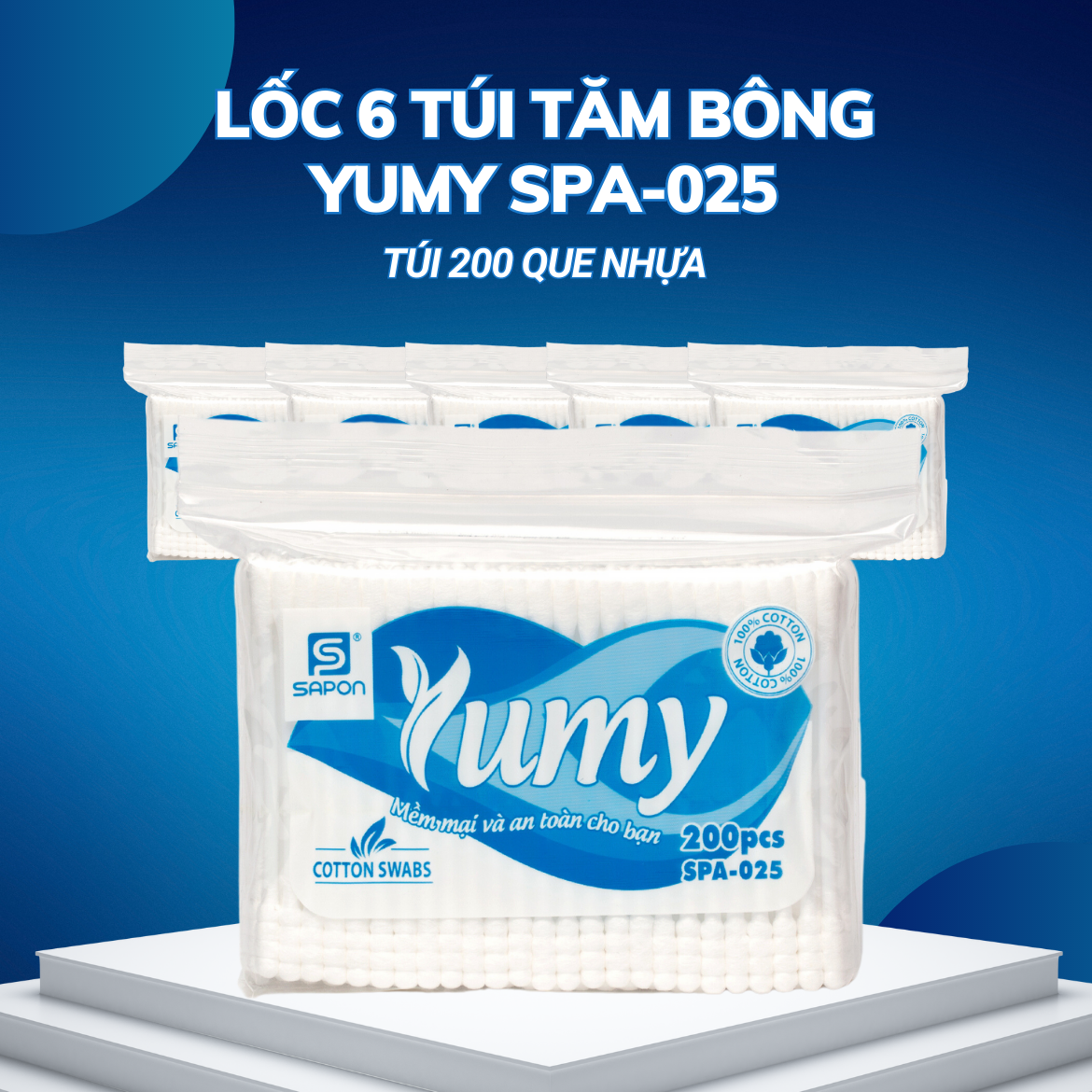 Lốc 6 gói Tăm bông Yumy người lớn thân nhựa 200 que SPA-025