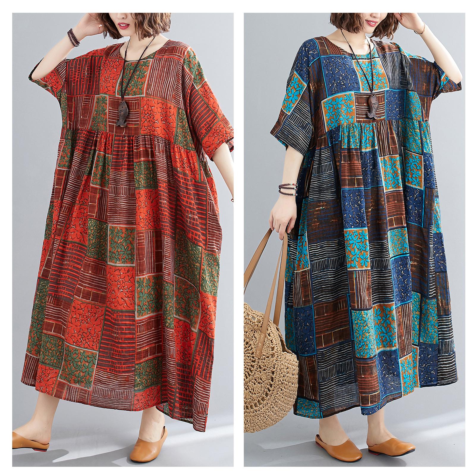 Vintage Women Casual Linen Dress Plaid Floral Print O-neck Half Sleeve Pockets Loose Long Robe