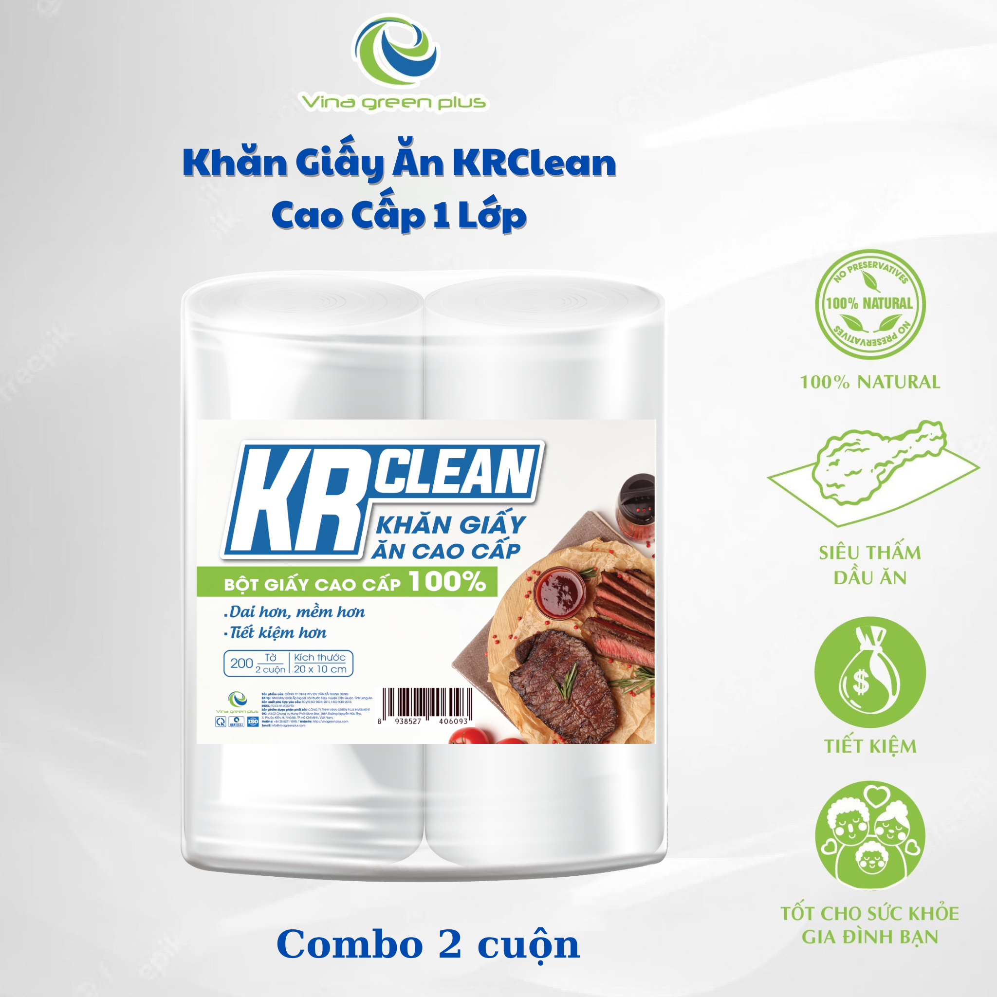 Khăn Giấy Ăn Cao Cấp KRClean 2 cuộn- 100 Tờ/ Cuộn - Siêu Mịn/Siêu Mềm