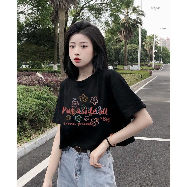 Áo croptop nữ tay ngắn cổ tròn vải thun cotton kiểu hàn quốc CR033 Miucho in hình hoạ tiết