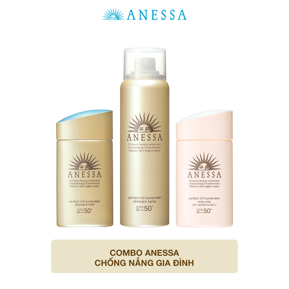 Bộ sản phẩm Kem chống nắng dưỡng da Anessa cho cả gia đình (Anessa Gold Milk 60ml + Mild Milk 60ml + Gold Spray 60g)