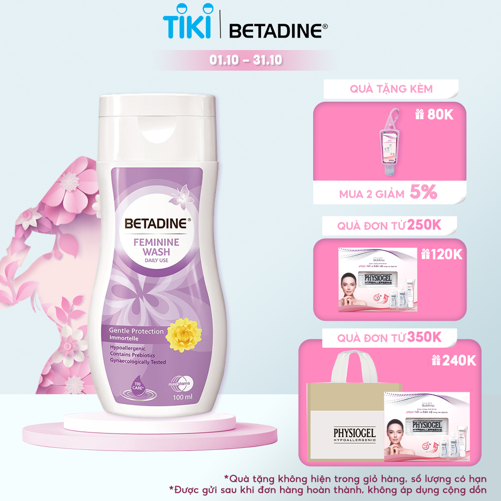 Dung dịch vệ sinh phụ nữ Betadine Feminine Wash Daily Use Gentle Protection Immortelle 100ml